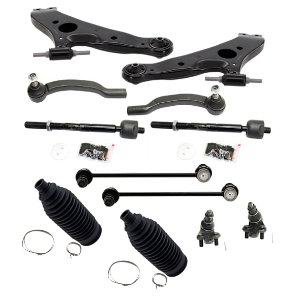12-Piece Kit Front, Driver and Passenger Side, Lower Control Arms, Includes (2) Ball Joint, (2) Control Arm, (2) Steering Rack Boot, (2) Sway Bar Link, and (4) Tie Rod End