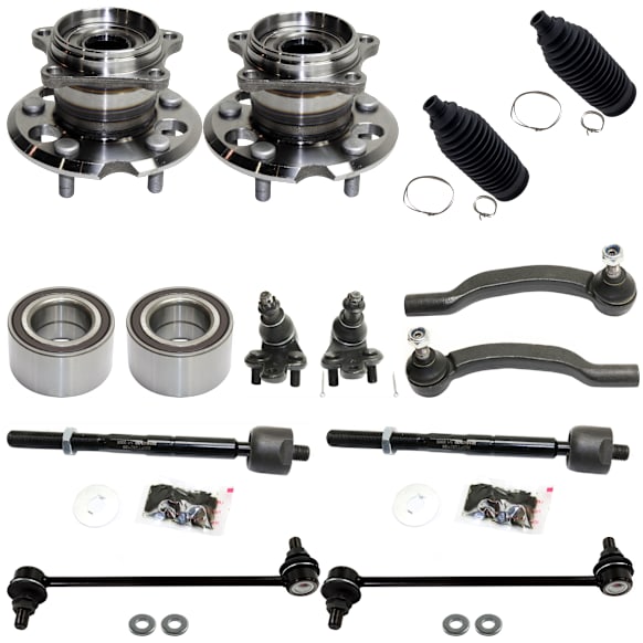 14-Piece Kit Rear, Driver and Passenger Side Wheel Hub with Ball Joints, Steering Rack Boots, Sway Bar Links, Tie Rod Ends, and Wheel Bearings