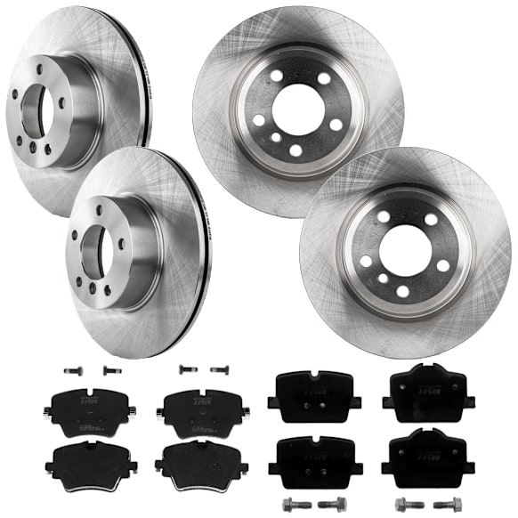 2019 BMW 330i - 8-Piece Kit Front and Rear Brake Disc and Pad Kit, Plain Surface, 5 Lugs, Ceramic, F30; 312mm Front Disc; Base Brakes and 330mm Rear Disc; M Sport Package, For Models Without Blue Painted Calipers, 2.0L 4Cyl,  Includes (4) Brake Disc and (