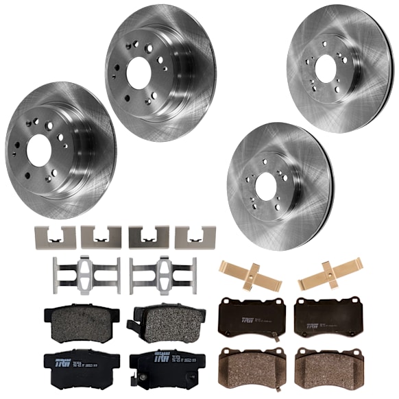 2004 Acura TL - 4-Wheel Set TRW Front and Rear Brake Disc and Pad Kit, Plain Surface, 5 Lugs, Semi-Metallic - Front, Ceramic - Rear, Manual Transmission, Standard Front Caliper