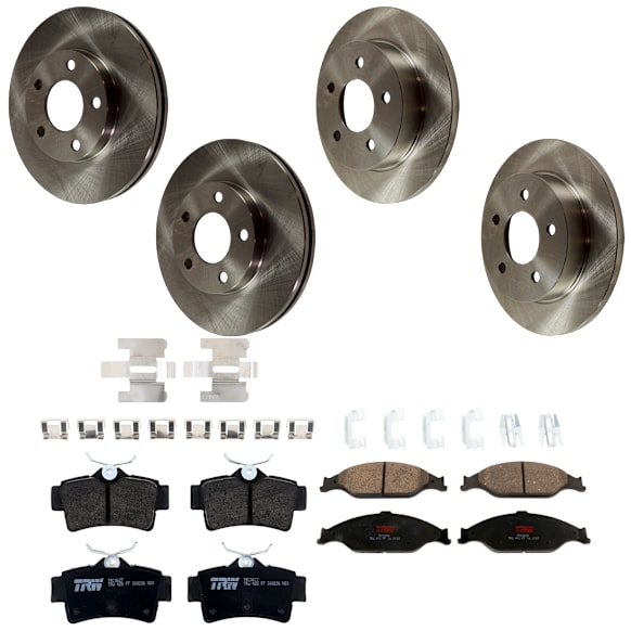 2002 Ford Mustang - 4-Wheel Set Front and Rear Brake Disc and Pad Kit, Plain Surface, 5 Lugs, Front-276 mm/Rear-266.95 mm, Ceramic, 4.6L 8Cyl,  Includes (4) Disc and (2) Pad Set