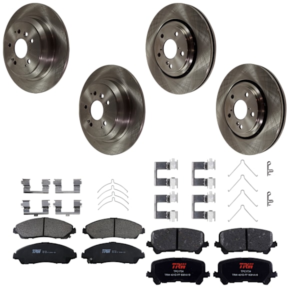 2016 Honda Pilot - 8-Piece Kit Front and Rear Brake Disc and Pad Kit, Plain Surface, 5 Lugs, Front-Ceramic/Rear-Semi-Metallic, 3.5L 6Cyl,  Includes (4) Brake Disc and (2) Brake Pad Set
