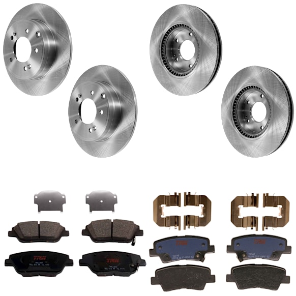 2013 Kia Optima - 4-Wheel Set Front and Rear Brake Disc and Pad Kit, Plain Surface, 5 Lugs, Front-299.97 mm/Rear-282.96 mm, Front-Ceramic/Rear-Semi-Metallic, FULL HYBRID EV-GAS (FHEV), 300mm Front Disc, Manual Parking Brakes, 2.4L 4Cyl,  Includes (4) Disc