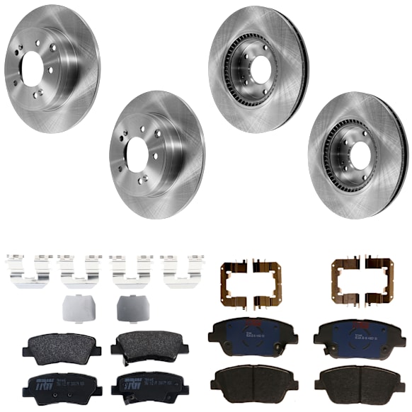 2014 Hyundai Sonata - 8-Piece Kit Front and Rear Brake Disc and Pad Kit, Plain Surface, 5 Lugs, Semi-metallic, FULL HYBRID EV-GAS (FHEV), 2.4L 4Cyl,  Includes (4) Brake Disc and (2) Brake Pad Set