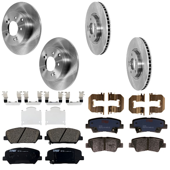 2015 Kia Optima - 8-Piece Kit Front and Rear Brake Disc and Pad Kit, Plain Surface, 5 Lugs, Front-Ceramic/Rear-Semi-Metallic, FULL HYBRID EV-GAS (FHEV), For Models With Manual Parking Brakes, USA Built Vehicle, 2.4L 4Cyl,  Includes (4) Brake Disc and (2) Br