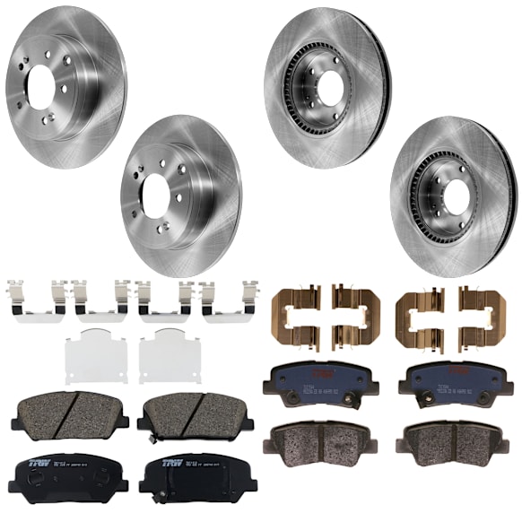 2015 Kia Optima - 4-Wheel Set Front and Rear Brake Disc and Pad Kit, Plain Surface, 5 Lugs, Front-299.97 mm/Rear-282.96 mm, Front-Ceramic/Rear-Semi-Metallic, FULL HYBRID EV-GAS (FHEV), 300mm Front Disc, Manual Parking Brakes, USA Built Vehicle, 2.4L 4Cyl