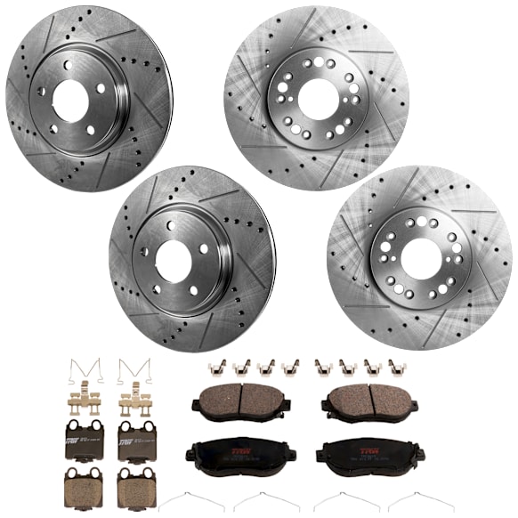 2000 Lexus GS300 - 4-Wheel Set Front and Rear Brake Disc and Pad Kit, Cross-drilled and Slotted, 5 Lugs, Front-296 mm/Rear-307 mm, Ceramic, 3.0L 6Cyl,  Includes (4) Disc and (2) Pad Set