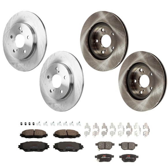 2008 Scion xB - 4-Wheel Set Front and Rear Brake Disc and Pad Kit, Plain Surface, 5 Lugs, Front-275.08 mm/Rear-278.89 mm, Ceramic, 2.4L 4Cyl,  Includes (4) Disc and (2) Pad Set