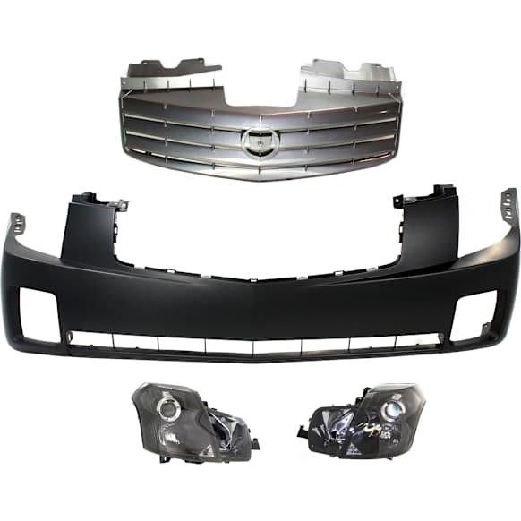 2003-2007 Cadillac CTS - 4-Piece Kit Driver and Passenger Side Halogen Headlight, With bulb(s), For Models Without Headlight Leveling System, OE Replacement, Includes (2) Headlight, (1) Bumper Cover and (1) Grille Assembly