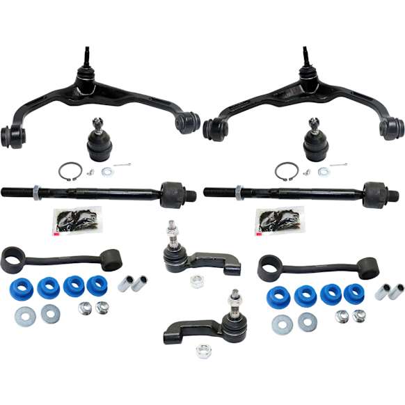 10-Piece Kit Front, Driver and Passenger Side, Upper Control Arm Kit, Includes (2) Ball Joint, (2) Control Arm, (2) Sway Bar Link, and (4) Tie Rod End