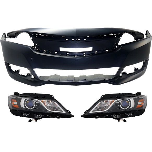 2014 Chevrolet Impala - 3-Piece Kit Driver and Passenger Side Halogen Headlight, With bulb(s), OE Replacement,  Includes (1) Bumper Cover and (2) Headlight
