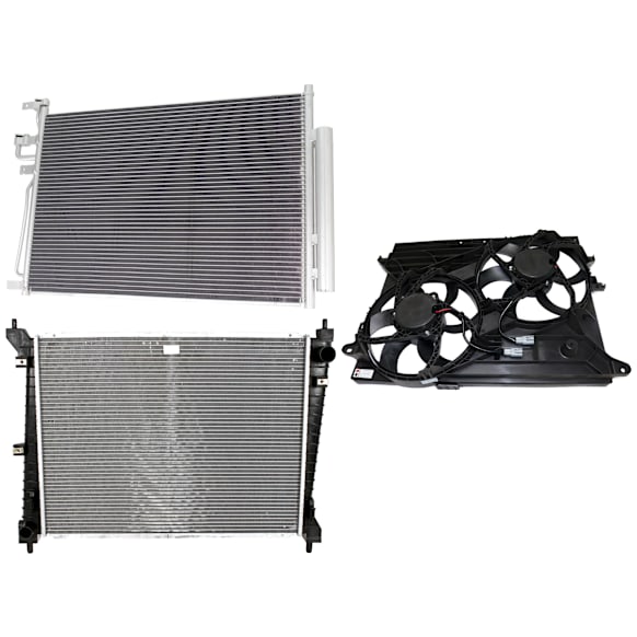3-Piece Kit A/C Condenser, includes (1) A/C Condenser, (1) Cooling Fan Assembly and (1) Radiator, 2.4L/3.0L/3.5L/3.6L Eng., 4 and 6 Cyl.