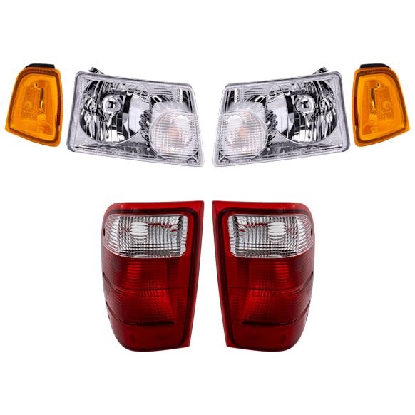 2001 Ford Ranger - 6-Piece Kit Driver and Passenger Side Halogen Headlight, With bulb(s), OE Replacement,  Includes (2) Corner Light, (2) Headlight, and (2) Tail Light