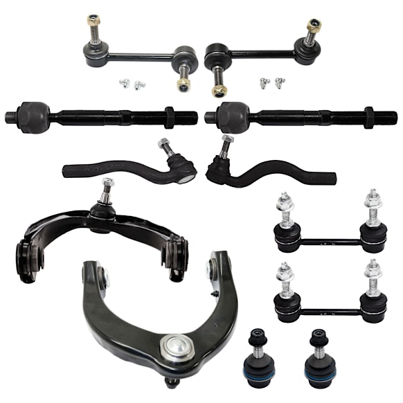 12-Piece Kit Front and Rear, Driver and Passenger Side, Upper and Lower, Inner and Outer Control Arms, Includes (2) Ball Joint, (2) Control Arm, (4) Sway Bar Link, and (4) Tie Rod End
