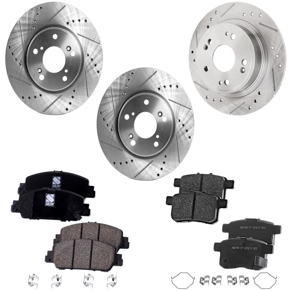 2017 Honda Accord - 8-Piece Kit Front and Rear Brake Disc and Pad Kit, Cross-drilled and Slotted, 5 Lugs, 3.5L 6Cyl,  Includes (4) Brake Disc and (2) Brake Pad Set