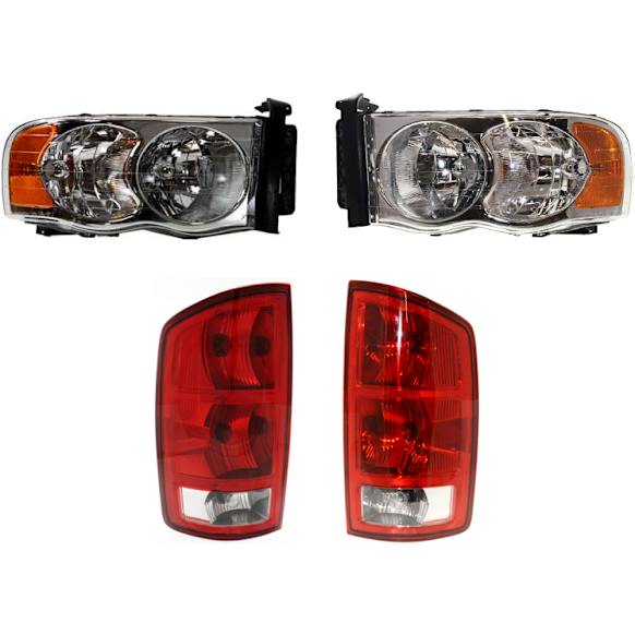 2002-2005 Dodge Ram 1500 - 4-Piece Kit Driver and Passenger Side Halogen Headlight, With bulb(s), OE Replacement, Includes (2) Headlight and (2) Tail Light