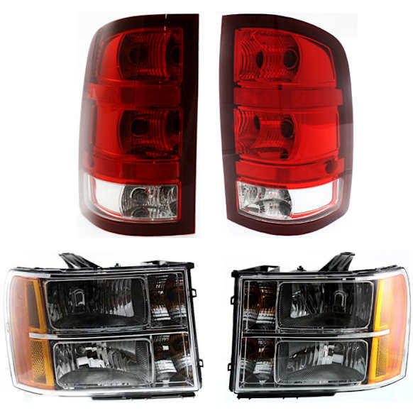 2008 GMC Sierra 1500 - 4-Piece Kit Driver and Passenger Side Halogen Headlight, With bulb(s), OE Replacement,  Includes (2) Headlight and (2) Tail Light