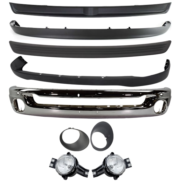 9-Piece Kit, Front Bumper, Chrome, Includes (1) Bumper, (1) Bumper Cover, (2) Bumper Trim, (2) Fog Light, (2) Fog Light Trim, and (1) Valance