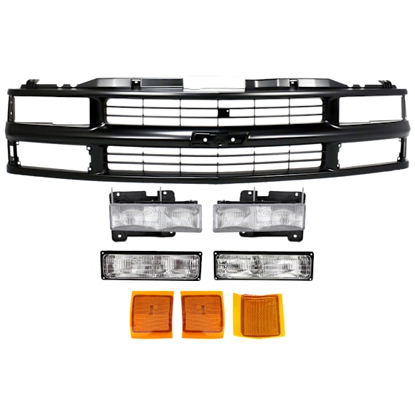 1997 Chevrolet C3500 - 9-Piece Kit Grille, Painted Black, For Models With Composite Headlamps,  Includes (1) Grille Assembly, (2) Headlight, (1) Reflector, (2) Side Marker, and (2) Turn Signal Light