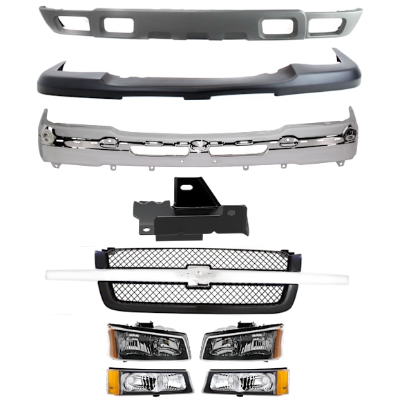 2004 Chevrolet Silverado 1500 Base - 12-Piece Kit Front Bumper, Chrome,  Includes (1) Bumper, (2) Bumper Bracket, (1) Bumper Cover, (1) Grille Assembly, (2) Headlight, (2) Turn Signal Light, and (1) Valance