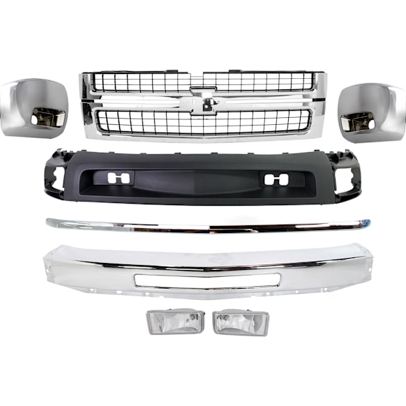 8-Piece Kit Grille Chrome Shell with Textured Black Insert, Includes (1) Bumper, (2) Bumper End, (2) Fog Light, (1) Grille Assembly, (1) Hood Molding, and (1) Valance