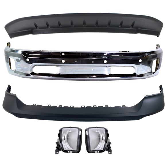 2017 Ram 1500 Outdoorsman - 5-Piece Kit Front Bumper, For Models With Two Piece  Type, Chrome,  Includes (1) Bumper, (1) Bumper Cover, (2) Fog Light, and (1) Valance