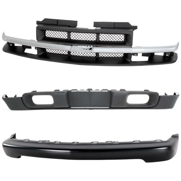 1999 Chevrolet S10 Base - 3-Piece Kit Front Bumper, For Models Without LS Appearance Package, Painted Black,  Includes (1) Bumper, (1) Grille Assembly, and (1) Valance