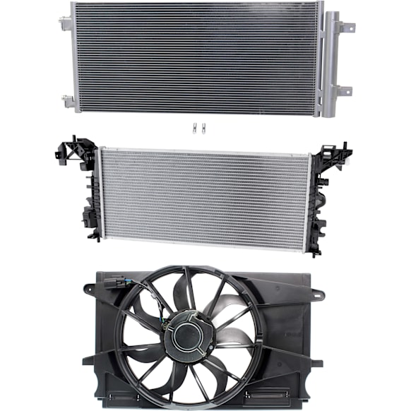 3-Piece Kit A/C Condenser, includes (1) A/C Condenser, (1) Cooling Fan Assembly and (1) Radiator, 1.4L Eng., 4 Cyl.