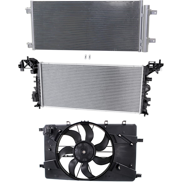 3-Piece Kit A/C Condenser, includes (1) A/C Condenser, (1) Cooling Fan Assembly and (1) Radiator, 1.4L Eng., 4 Cyl.