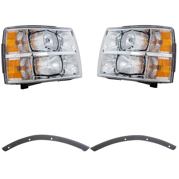 2009 Chevrolet Silverado 1500 - 4-Piece Kit Driver and Passenger Side Halogen Headlight, With bulb(s), OE Replacement,  Includes (2) Bumper Trim and (2) Headlight