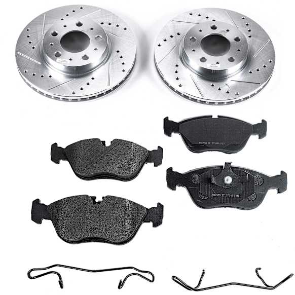 1994 Volvo 850 - 2-Wheel Set Front Brake Disc and Pad Kit, Cross-drilled and Slotted, 5 Lugs, 11.02 in., Semi-Metallic, Sedan, Brake Disc Evolution Drilled & Slotted Series; Brake Pad Set Pro-Line Series