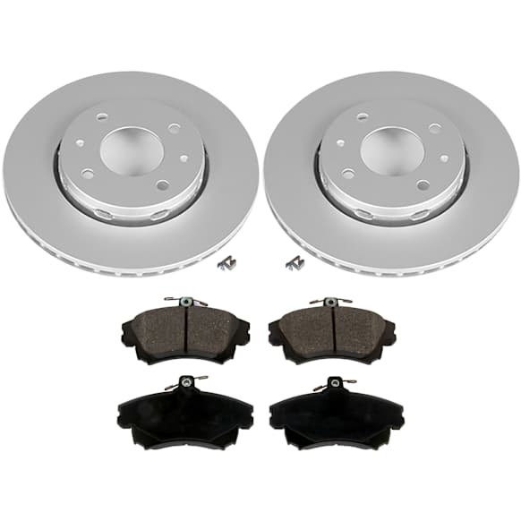 2003 Volvo S40 - 4-Piece Kit Front Brake Disc and Pad Kit, Plain Surface, 4 Lugs, Organic, Enginedesignationname: B20T, 1.9L 4Cyl, Evolution Geomet Coated High Carbon  Includes (2) Brake Disc and (1) Brake Pad Set
