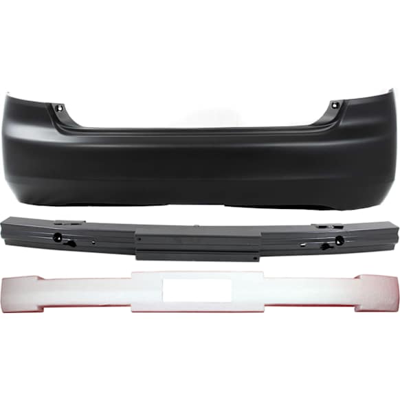 3-Piece Kit, Rear Primed Bumper Cover, 4-Door-Sedan, Japan Built Vehicle, Includes (1) Bumper Absorber, (1) Bumper Cover, and (1) Bumper Reinforcement