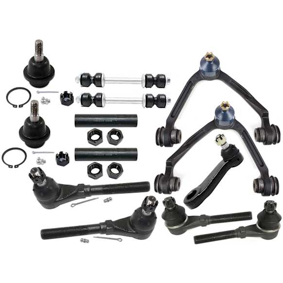 13-Piece Kit Front, Driver and Passenger Side, Upper Control Arm Kit, Includes (2) Ball Joint, (2) Control Arm, (1) Pitman Arm, (2) Sway Bar Link, (2) Tie Rod Adjusting Sleeve, and (4) Tie Rod End