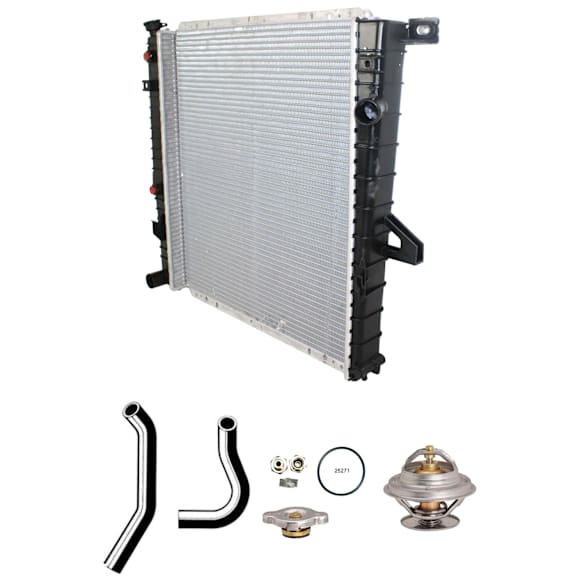 6-Piece Kit Radiator, 4.0L Engine, Aluminum Core, Plastic Tank, includes Radiator Cap, Radiator Hose, Thermostat, and Thermostat Gasket