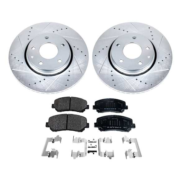 2021 Mazda CX-5 - 4-Piece Kit Front Brake Disc and Pad Kit, Cross-drilled and Slotted, 5 Lugs, 297.18 mm, Organic, 2.5L 4Cyl, Evolution Drilled & Slotted Series  Includes (2) Brake Disc and (1) Brake Pad Set