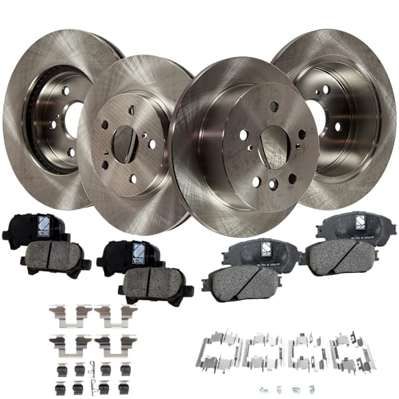 2007 Toyota Solara - 4-Wheel Set Front and Rear Brake Disc and Pad Kit, Plain Surface, 5 Lugs, Front-295.91 mm/Rear-268.99 mm, Ceramic, 3.3L 6Cyl, Pro-Line Series  Includes (4) Disc and (2) Pad Set
