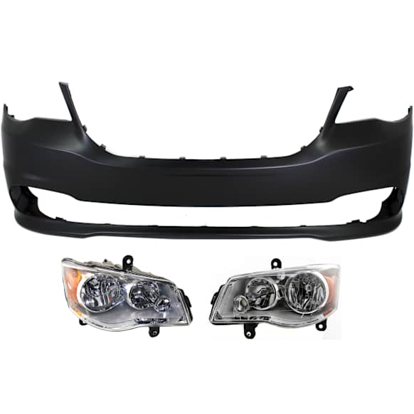 2017 Dodge Grand Caravan - 3-Piece Kit Driver and Passenger Side Halogen Headlight, With bulb(s), For Models Without Blacktop Package, OE Replacement,  Includes (1) Bumper Cover and (2) Headlight