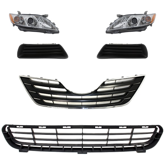 6-Piece Kit Driver and Passenger Side Halogen Headlight, USA Built Vehicle, Includes (1) Bumper Grille, (2) Fog Light Cover, (1) Grille Assembly, and (2) Headlight