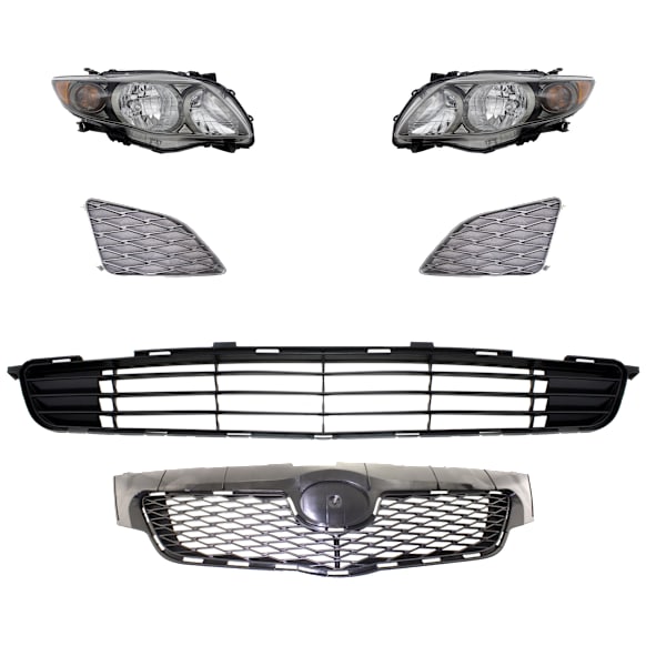 6-Piece Kit Driver and Passenger Side Halogen Headlight, Includes (1) Bumper Grille, (2) Fog Light Cover, (1) Grille Assembly, and (2) Headlight