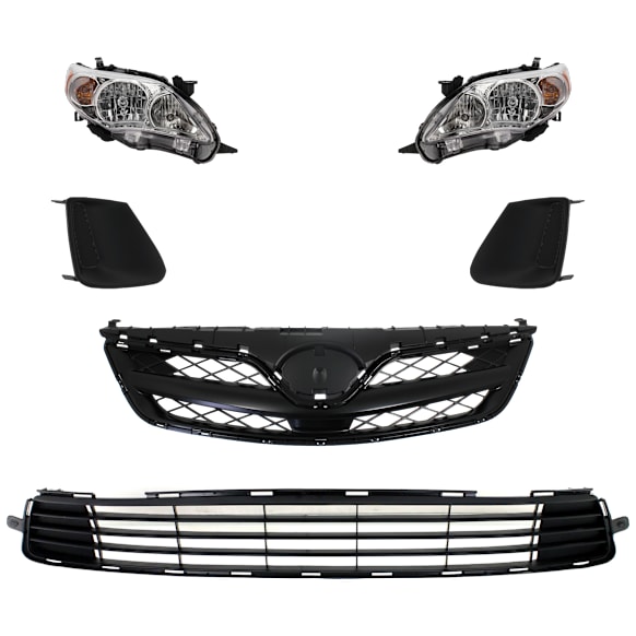 6-Piece Kit Driver and Passenger Side Halogen Headlight, North America Built, Includes (1) Bumper Grille, (2) Fog Light Cover, (1) Grille Assembly, and (2) Headlight, CAPA Certified