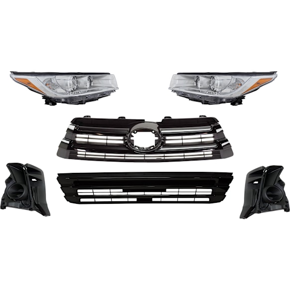 6-Piece Kit Driver and Passenger Side Halogen Headlight, For Models Without Around View Monitor, Includes (1) Bumper Grille, (2) Fog Light Cover, (1) Grille Assembly, and (2) Headlight