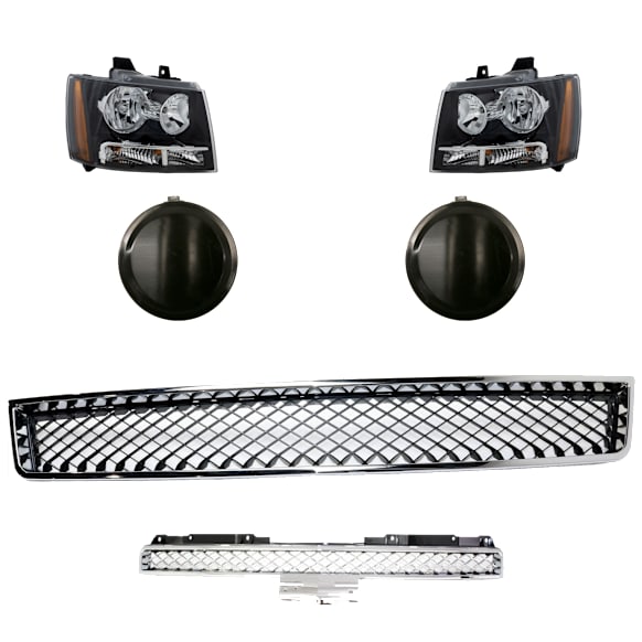 2010 Chevrolet Tahoe - 6-Piece Kit Driver and Passenger Side Halogen Headlight, With bulb(s), Type 2, Without Off Road Package, OE Replacement,  Includes (1) Bumper Grille, (2) Fog Light Cover, (1) Grille and (2) Headlight