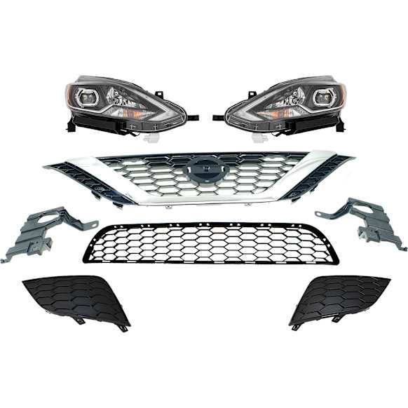 2017 Nissan Sentra - 6-Piece Kit Driver and Passenger Side LED Headlight, With bulb(s), OE Replacement,  Includes (1) Bumper Grille, (2) Fog Light Cover, (1) Grille Assembly, and (2) Headlight