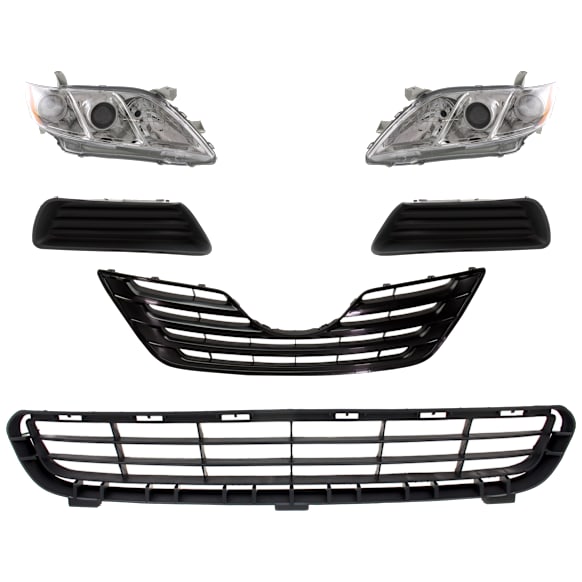 6-Piece Kit Driver and Passenger Side Halogen Headlight, Without bulb(s), Includes (1) Bumper Grille, (2) Fog Light Cover, (1) Grille Assembly, and (2) Headlight