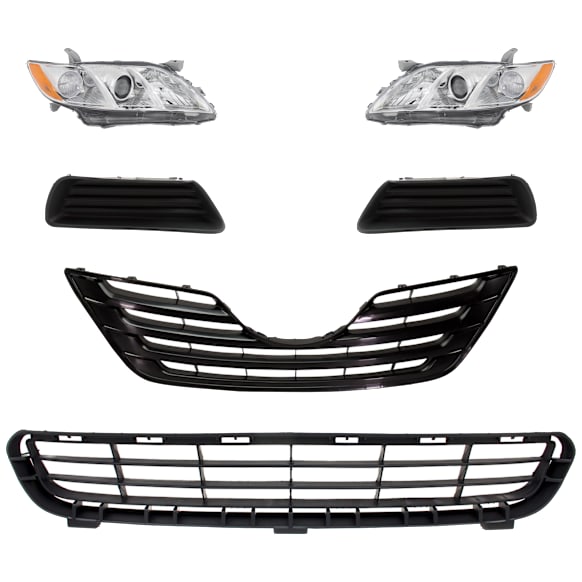 6-Piece Kit Driver and Passenger Side Halogen Headlight, Without bulb(s), Includes (1) Bumper Grille, (2) Fog Light Cover, (1) Grille Assembly, and (2) Headlight