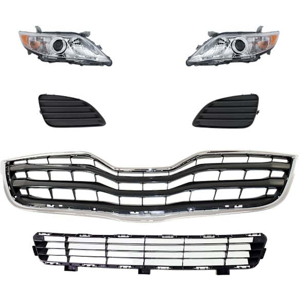 6-Piece Kit Driver and Passenger Side Halogen Headlight, Without bulb(s), Japan Built Vehicle, Includes (1) Bumper Grille, (2) Fog Light Cover, (1) Grille Assembly, and (2) Headlight
