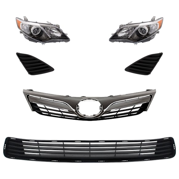 6-Piece Kit Driver and Passenger Side HID/Xenon Headlight, LE/XLE Models, Without bulb(s), Includes (1) Bumper Grille, (2) Fog Light Cover, (1) Grille Assembly, and (2) Headlight
