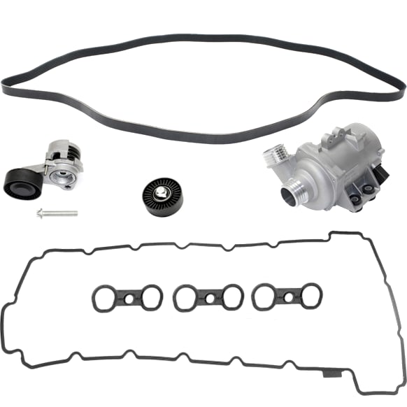 5-Piece Kit Timing Belt, includes Drive Belt, Timing Belt Idler Pulley, Timing Belt Tensioner, Valve Cover Gasket, and Water Pump
