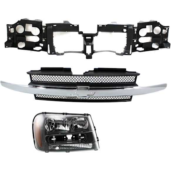 2002-2009 Chevrolet Trailblazer - 3-Piece Kit Passenger Side Halogen Headlight, With bulb(s), With Full Width Grille Bar, OE Replacement, Includes (1) Headlight, (1) Header Panel and (1) Grille Assembly